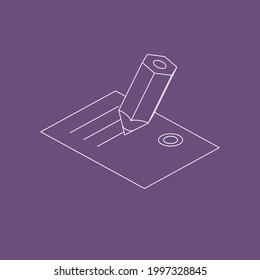 Una hoja de papel y un lápiz grande en una visión isométrica. Ilustración de la cumplimentación de documentos.