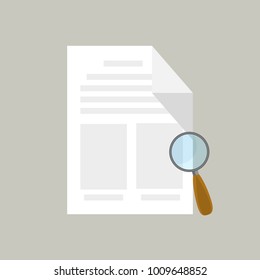 A sheet of paper and a magnifying glass. Flat design, vector.