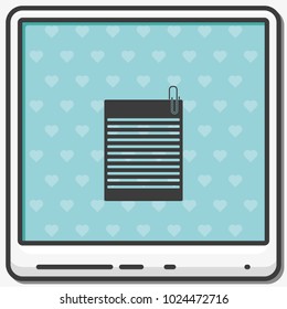 Sheet of paper and a metal paper clip flat vector icon.