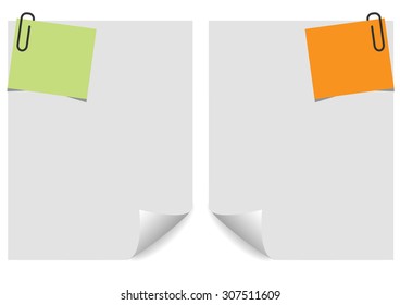 Sheet of paper and note paper on white  background. with curled corner. Vector illustration.