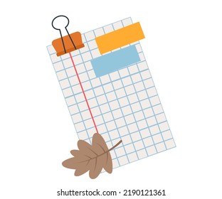 Sheet of paper in a notebook cage with multicolored stickers, a clip and an autumn leaf. Vector isolated illustration for design or decoration.