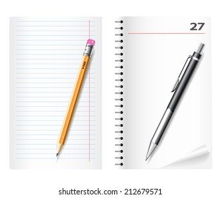 Blatt aus Papier, Stift und Stift auf weißem Hintergrund. Illustration, Vektorgrafik.