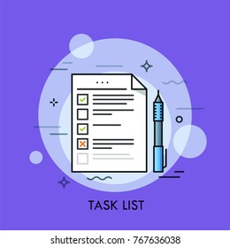 Sheet of paper with notes, green check and red cross signs and pen. Concept of To Do or Task list, daily activities planning. Creative colorful vector illustration for banner, poster, website.