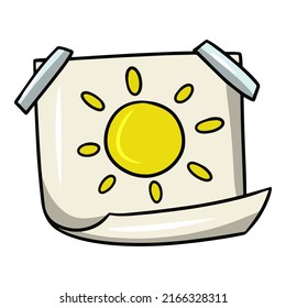 A sheet of paper with a painted sun, a drawing attached with tape, a vector illustration in cartoon style on a white background