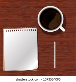 sheet of paper, pen and cup of coffee on a wooden table. Top view. Copy space.