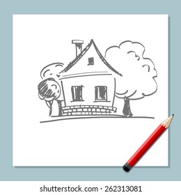 sheet of paper and pen. Flat design. Hand draw house. vector