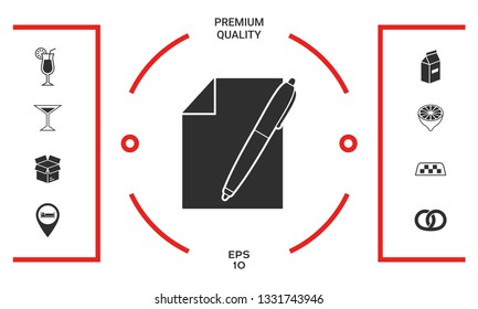 Sheet of paper and pen icon. Graphic elements for your design