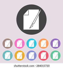 Sheet of paper and pen icon. Set of colored icons.