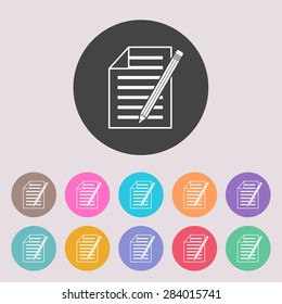 Sheet of paper and pen icon. Set of colored icons.