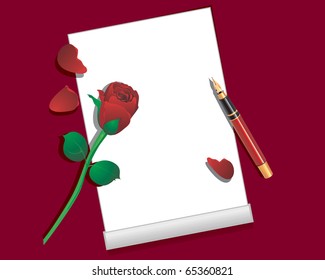 Sheet of paper, pen and red rose.