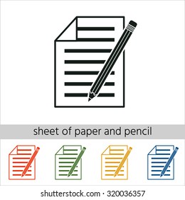 Sheet of paper and pencil icon. Set of varicolored icons.