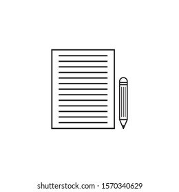 sheet of paper and pencil icons, buttons for writing, flat black design, isolated white background.