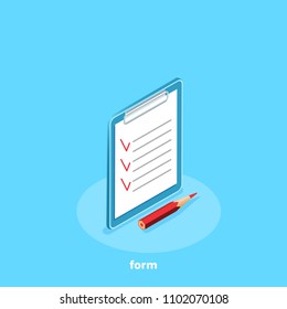 sheet of paper and pencil on a blue background, isometric image