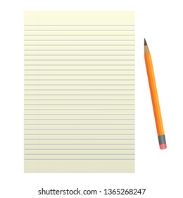 Sheet of paper with a pencil on a white background