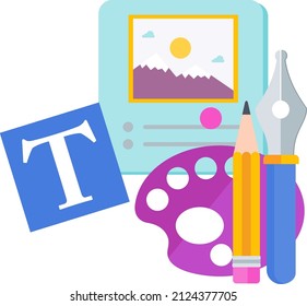 Sheet of paper, pencil, palette and fountain pen. Content Infographics Icon. Successful content marketing strategy. Advertising campaign planning, promotion management.