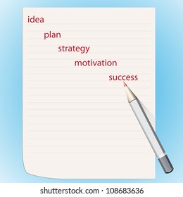 Sheet of paper and pencil, words the concept of achievement of success