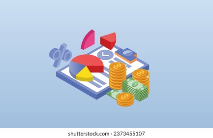 Sheet of paper with a pie chart, share in the business.on blue background.3D design.isometric vector design Illustration.