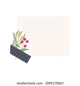 Sheet of paper with piece of washi tape and flowers. Pretty romantic background. Vector isolated on white background.