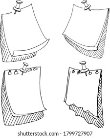 A sheet of paper pinned to the wall with a button. Vector illustration. A set of options. Freehand drawing.
