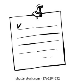 Sheet of paper, pushpin in hand drawn doodle style. Sketch. Isolated on a white background. Vector illustration