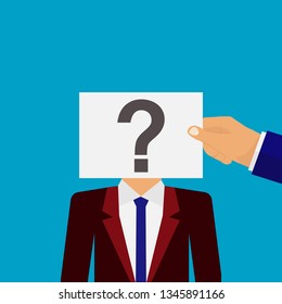 A sheet of paper with a question mark covers the face of a businessman. Vector illustration. Flat design.