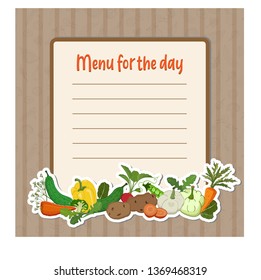 A sheet of paper for recording menus, diets, ingredients with a frame of various vegetables. Dietary healthy food.