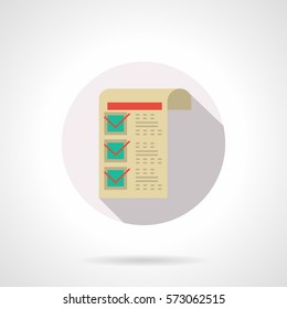 Sheet of paper with red checkmarks. Round flat color style vector icon