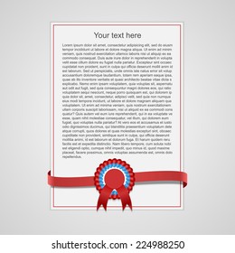 Sheet of paper with red decorative ribbon. Vector illustration.