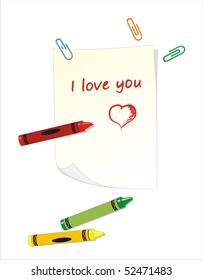The sheet of paper with a red pencil inscription: I love you