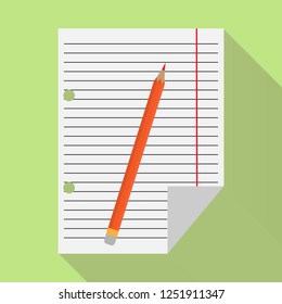 A sheet of paper in a ruler with a pencil, a flat image, a long shadow