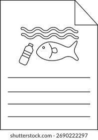 Hoja de papel muestra el dibujo de las ondas de la botella de plástico de pescado y las líneas para escribir