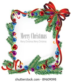 A sheet of paper and spruce branches with Christmas decorations. Bright Christmas poster