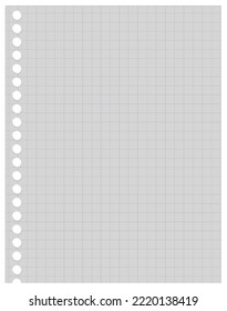 Sheet of paper with square grid. Gray exercise book with round holes from the springs. Empty vertical notebook page in a cage. Vector realistic Mockup. EPS10.