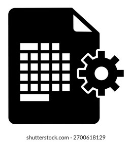 Hoja de papel con la tabla, horario, icono sólido del mecanismo, concepto de la gestión de la fabricación, muestra de la agenda en el fondo blanco, icono del estilo del glifo para el móvil y el Diseño web. Gráficos de Vector