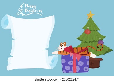 a sheet of paper and a tiger lies near the christmas tree. flat style vector stock illustration