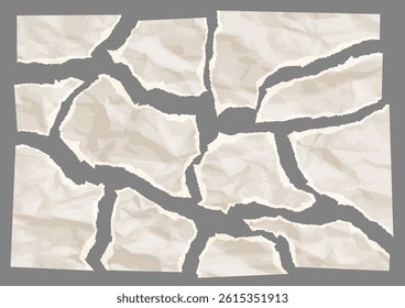 Sheet of paper torn into small crumpled pieces with ripped edges, wrinkled page scraps. Torn document assembled from pieces. Concept of investigation or restoration. Vector illustration