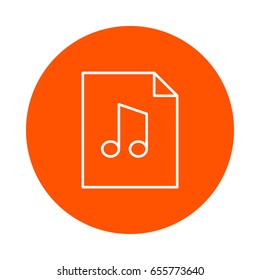Sheet of paper with turned corner and musical note, vector monochrome round icon, flat style