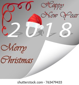 A sheet of paper with the wrapped up corner, Merry Christmas and Happy New Year 2018 Calendar