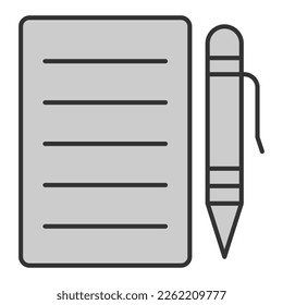 A sheet of paper with written text and a fountain pen - icon, illustration on white background, grey style