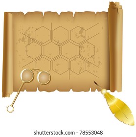Sheet of parchment with a feather, lorgnette draw a diagram consisting of hexagons and lines