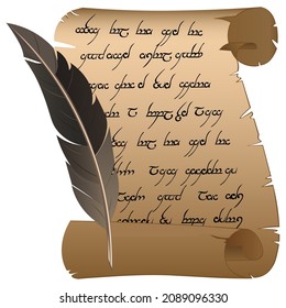 A sheet of parchment with a feather. Old letter with an inscription. Translation: "We invite you to take part in a great journey and save the world from destruction". Vector illustration.