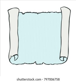 Sheet of parchment paper with aquamarine wavy background. Empty old papyrus. Sketch of vintage scroll with place for your text. Hand drawn vector illustration. Isolated on white backdrop. Square.