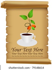 Sheet with parchment placed on him a cup of coffee, green shoots and berries