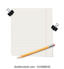 Sheet with a pencil and clothespins. Vector template for your design.