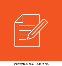 Sheet and pencil line icon for web, mobile and infographics. Vector white icon isolated on red background.