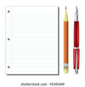 sheet with pencil and pen on white background
