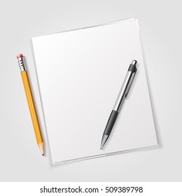 Sheet with a pencil and a pen. Vector template for your design.
