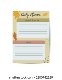 sheet for personal daily planner with autumn leaves and space for notes