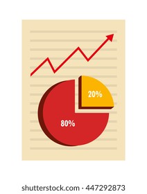 Sheet with pie graphic and red arrow statistics, vector illustration,