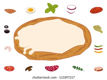 Sheet of pizza and ingredients for custom recipes